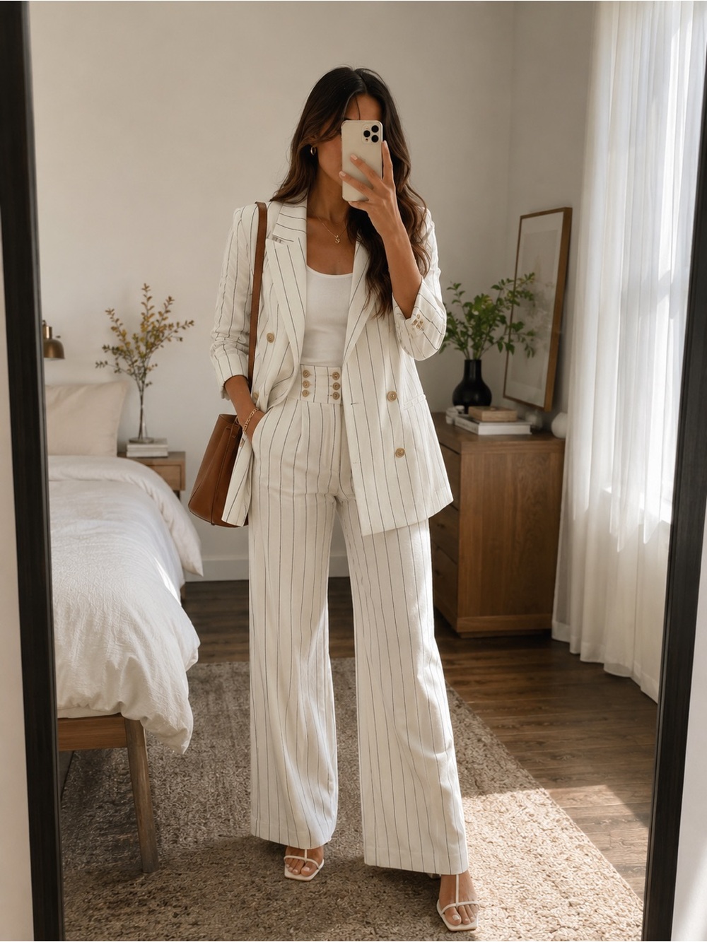 Derek Lam 10 Crosby Pinstripe Linen Blend Double Breasted Suit Set White Size XS